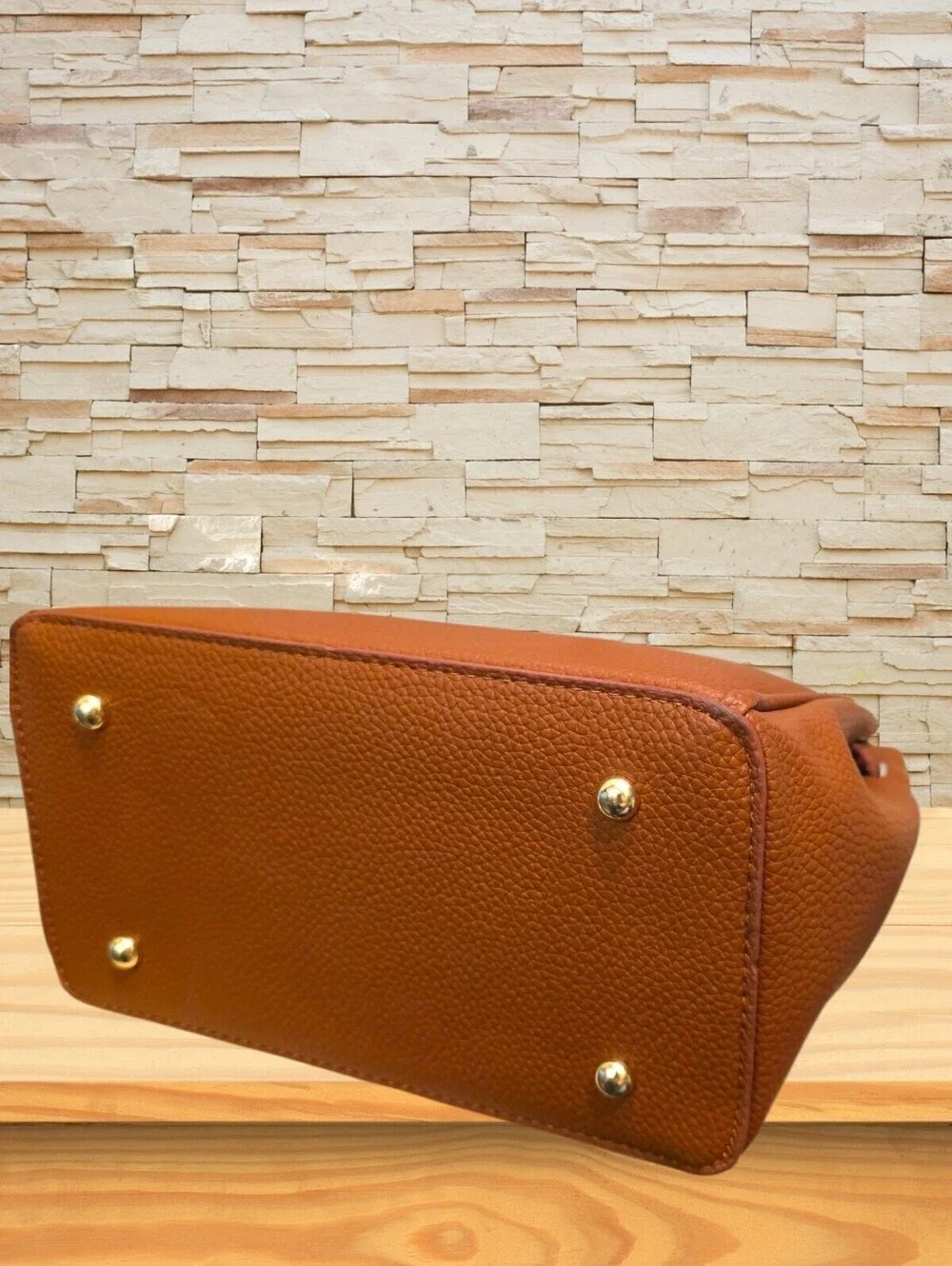 Pebbled Faux Leather Designer Style Cognac Satchel Crossbody Gold Accents